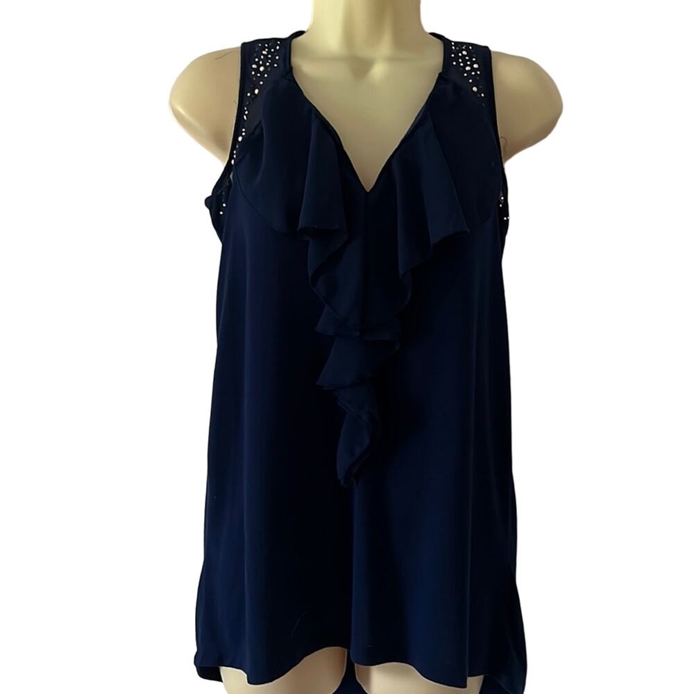 French Laundry Navy Blue Embellished Ruffle Sleeveless Knit Tunic Blouse